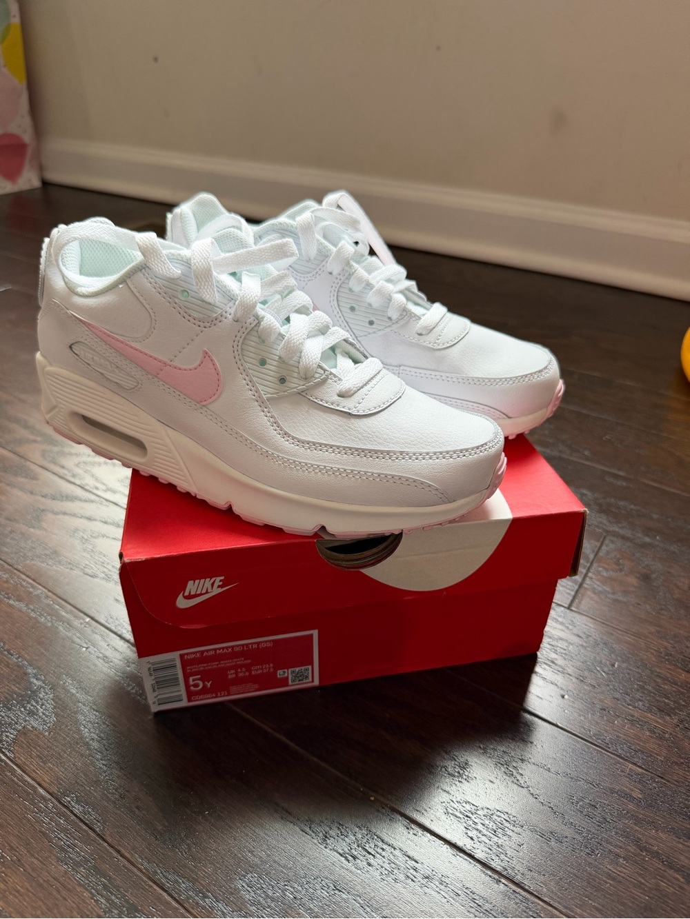 Nike White and Pink Air Max 90 Youth Sneakers